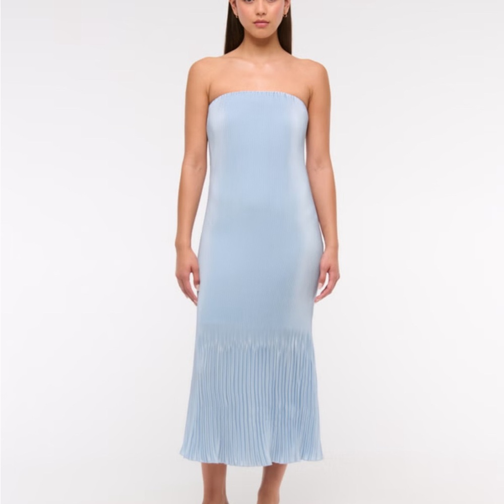 Strapless Light Blue Pleated Midi Dress